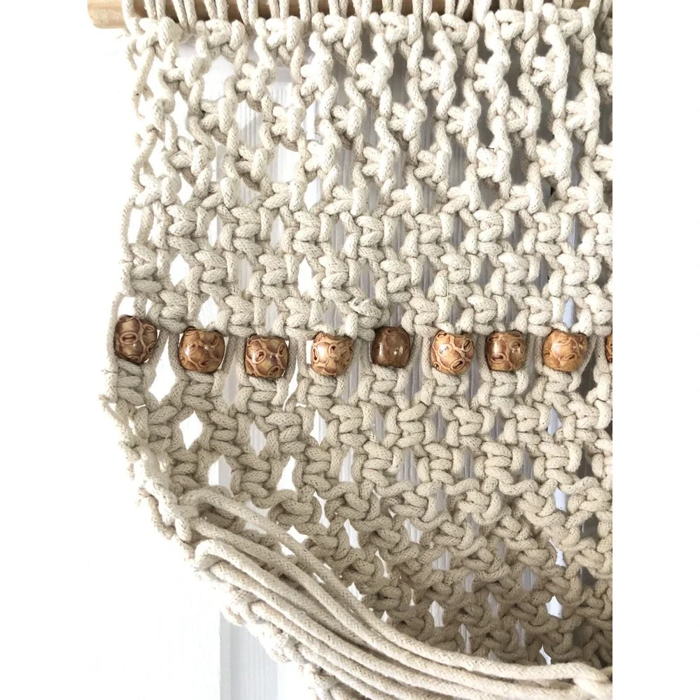 Handmade Macrame Hanging Plant Holder Hanger Wood Beads MCM Boho